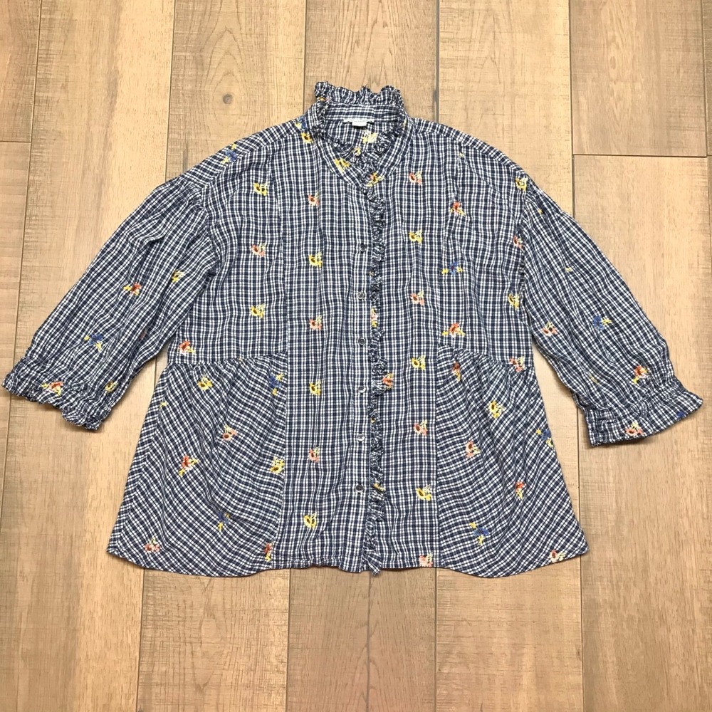 Sundance Top Shirt‎ Womens Size S Blue Plaid Floral Embroidered Cottagecore Boho